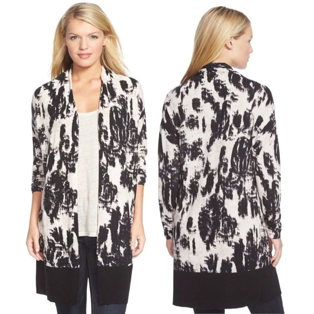 Nic+Zoe Castaway Open Front Cardigan Sweater Duster Abstract Black White XS